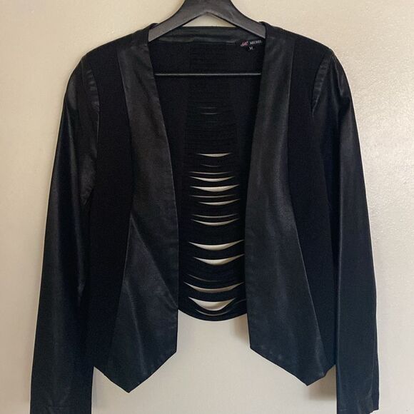 Michel Women’s Size M Black Faux Leather Blend Open Front Rare Edition Jacket - Picture 3 of 12